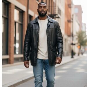 Calvin Klein Mens XL Black Leather Full Zip Collared Jacket Coat Outerwear